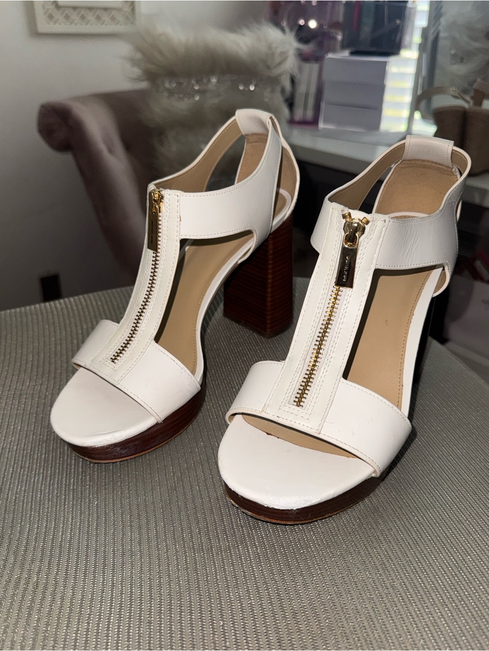Michael Kors White Leather T‑Strap Platform Block Heels with Gold Zip Pull